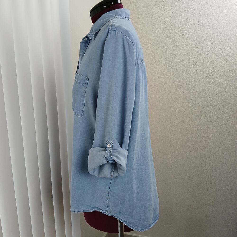 Lola River Chambray Shirt XL blue denim Tencel Lyocell blouse roll sleeve button - Picture 3 of 13